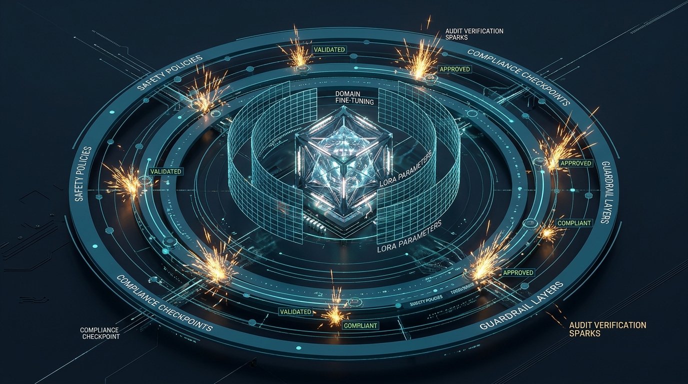 Domain fine-tuning core surrounded by compliance guardrail rings