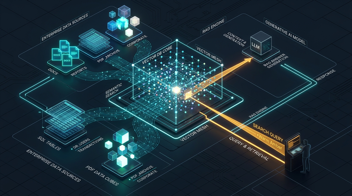 Enterprise RAG vector mesh connecting data sources to a generative AI model